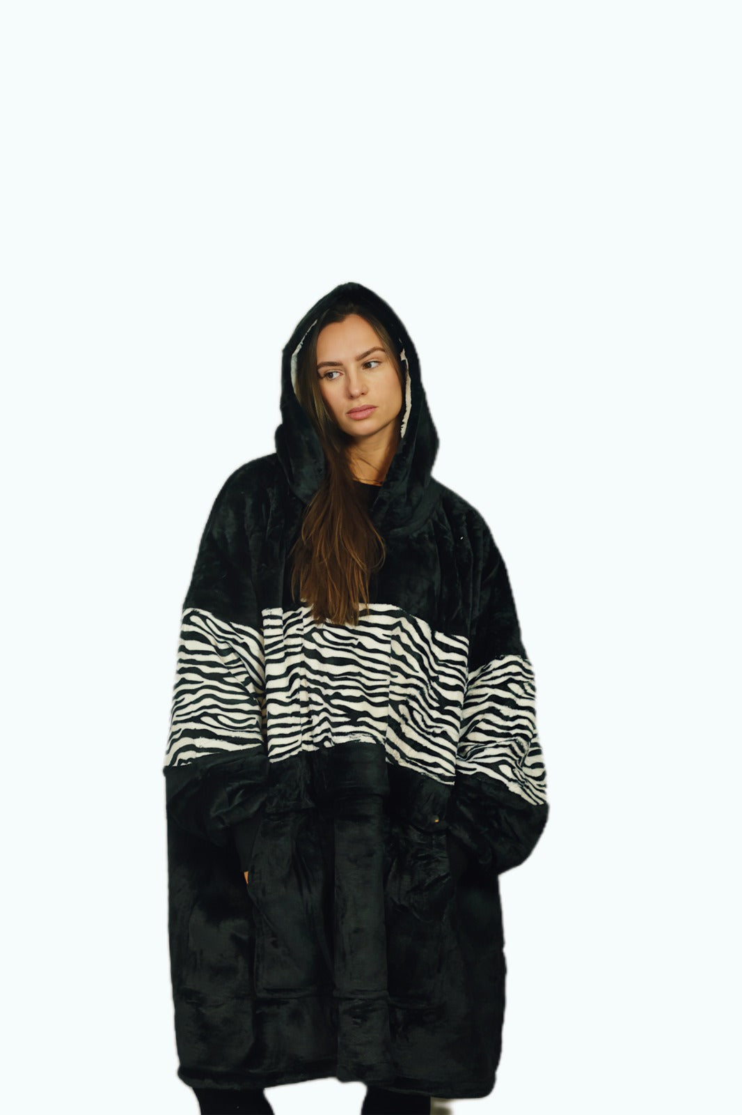 Adult Black Zebra Hoodie Blanket & Socks