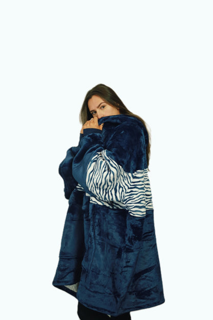 Adult Navy Zebra Hoodie Blanket & Socks