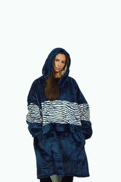 Adult Navy Zebra Hoodie Blanket & Socks